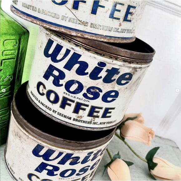 Vintage Shabby White Rose Coffee Tin Can Seeman NYC Advertising No Lids ONE - Picture 3 of 6
